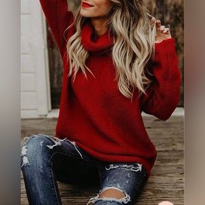 Knit Turtleneck Pullover Sweater M Red